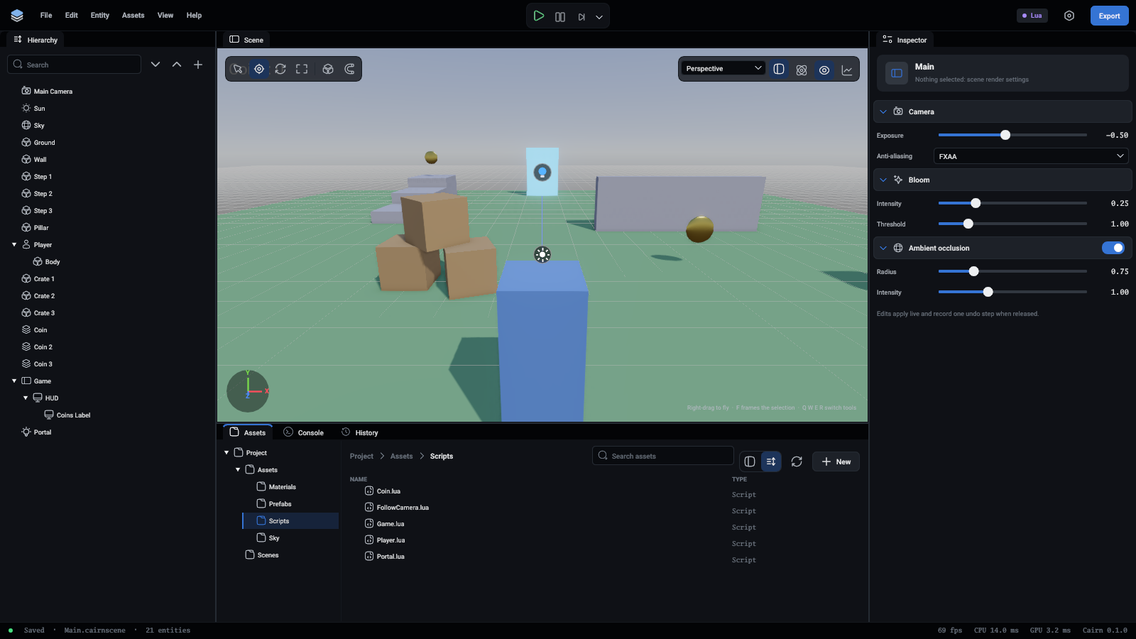 The Assets panel as a list, inside the Scripts folder