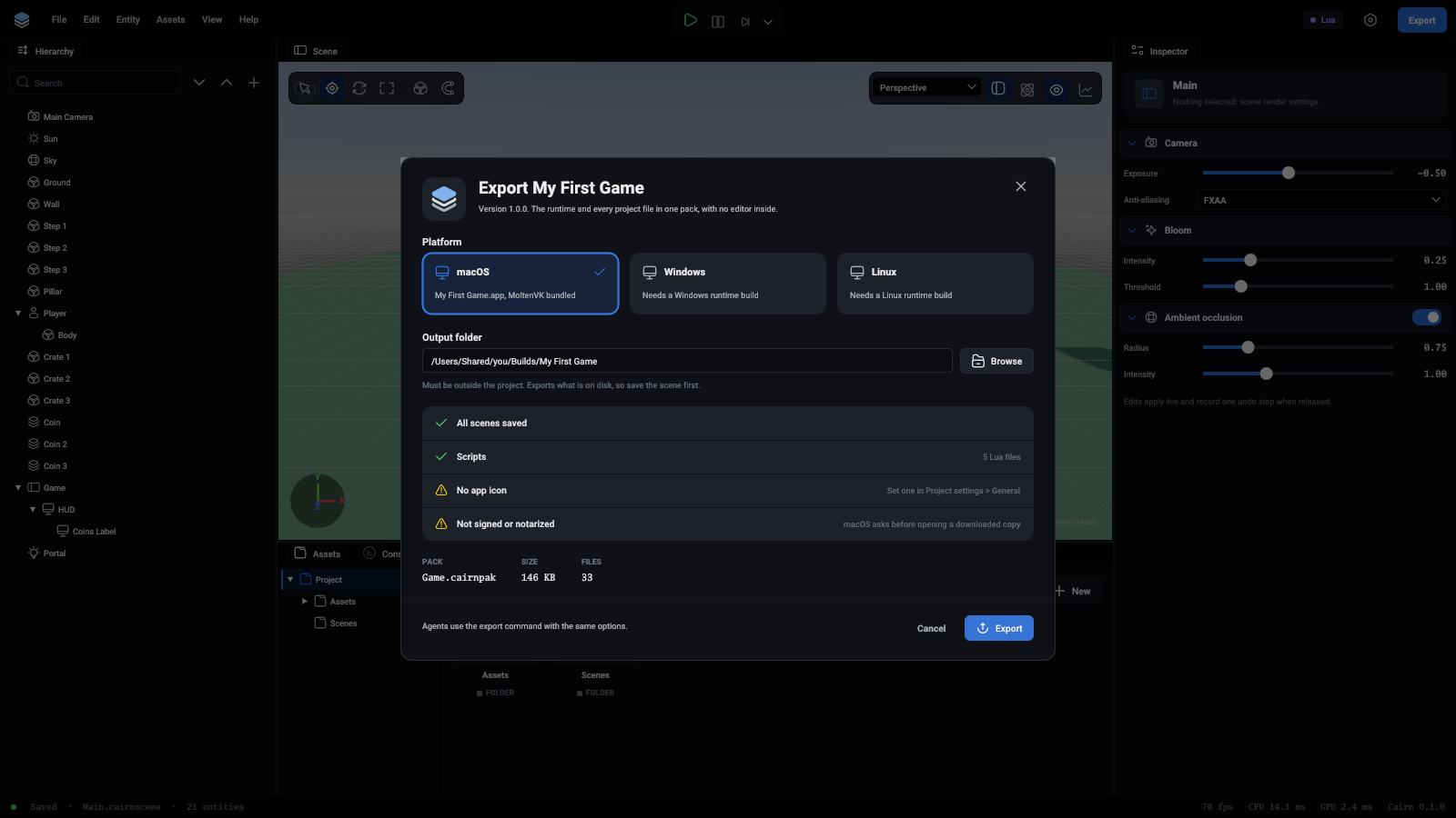 The Export window, with macOS picked and the checks before exporting