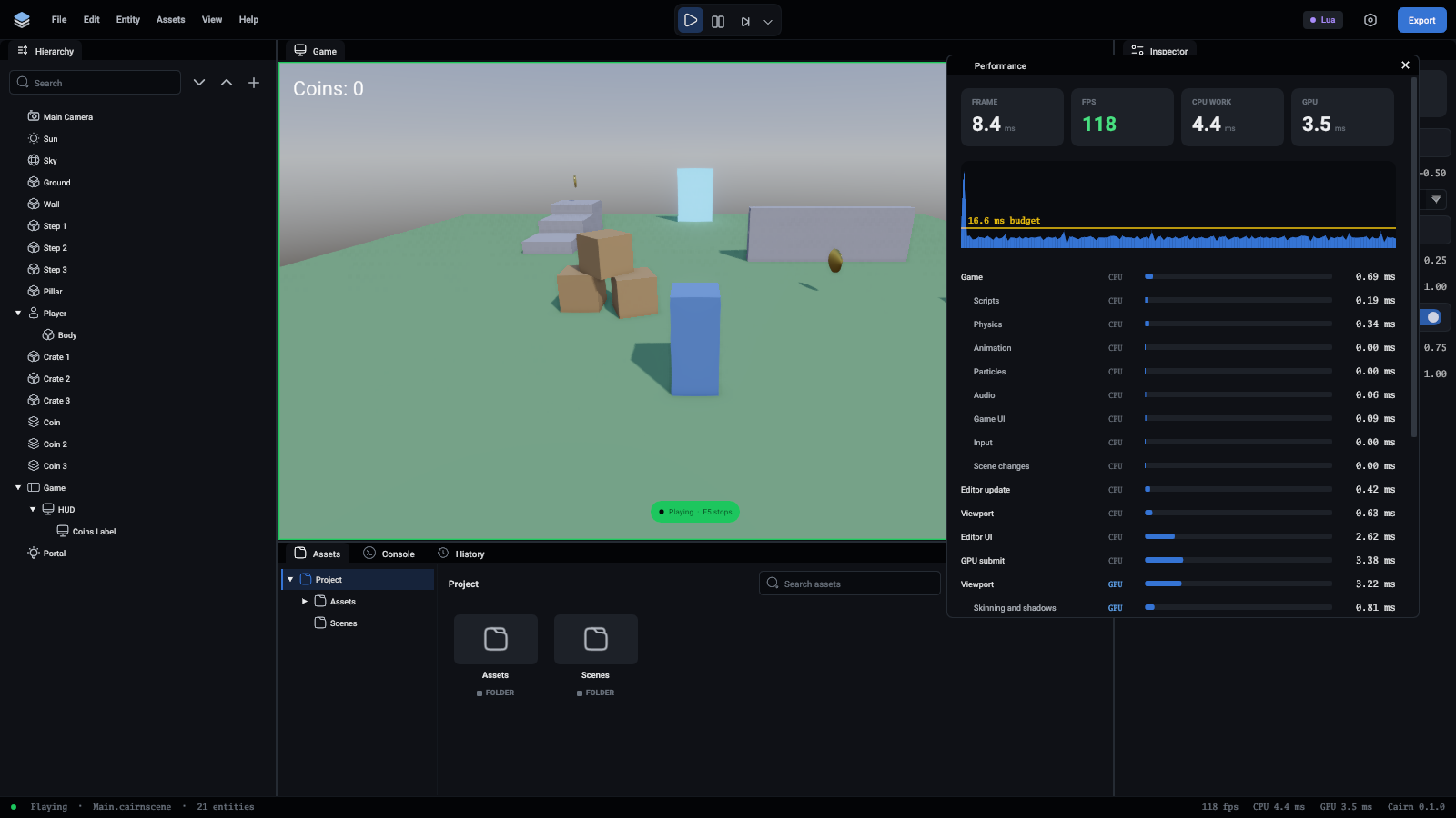 The editor's Performance window in play mode