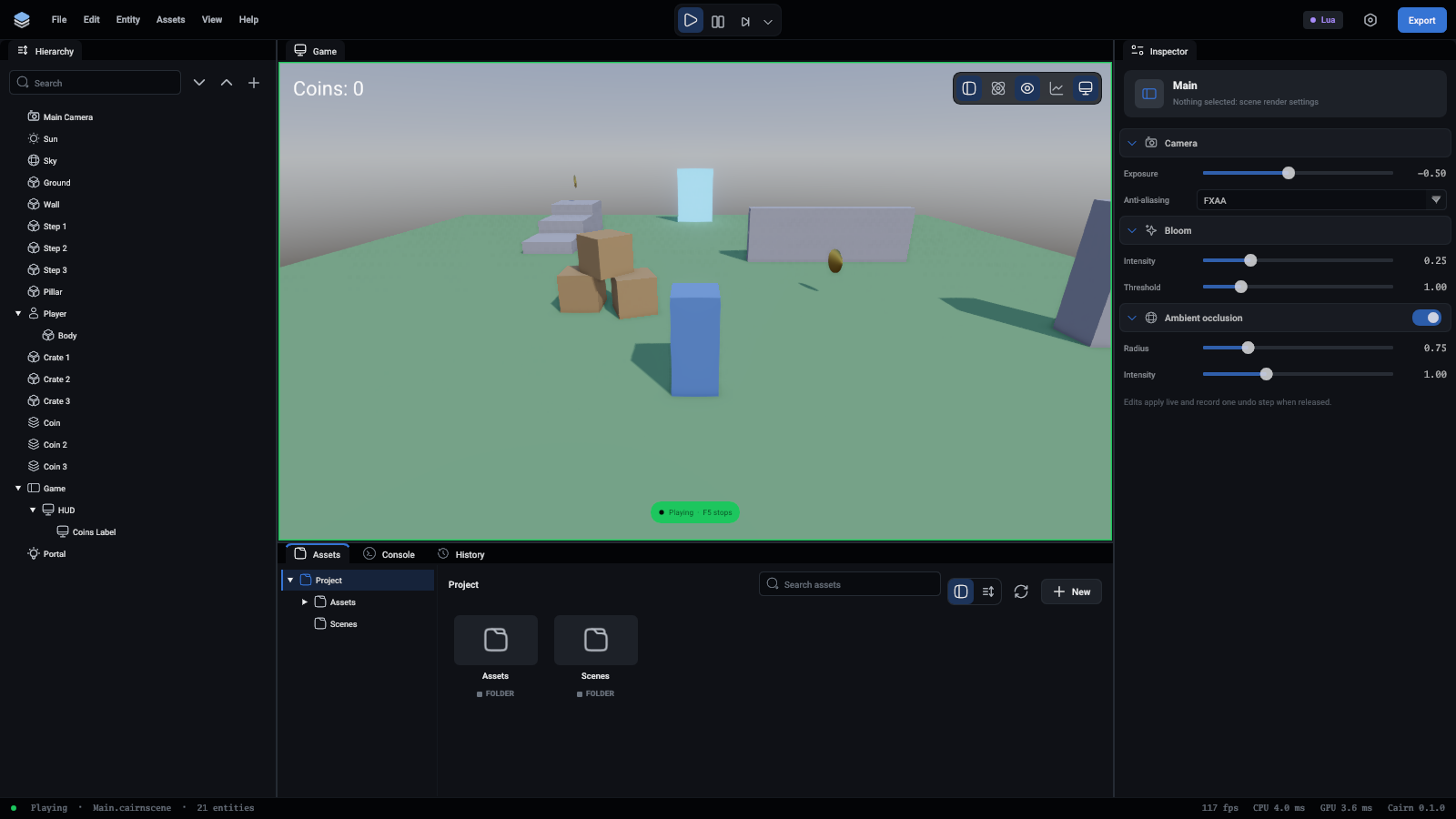 The game playing in the viewport, with a green edge and the Playing tag