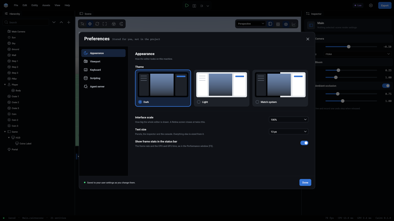 The Appearance page of the preferences