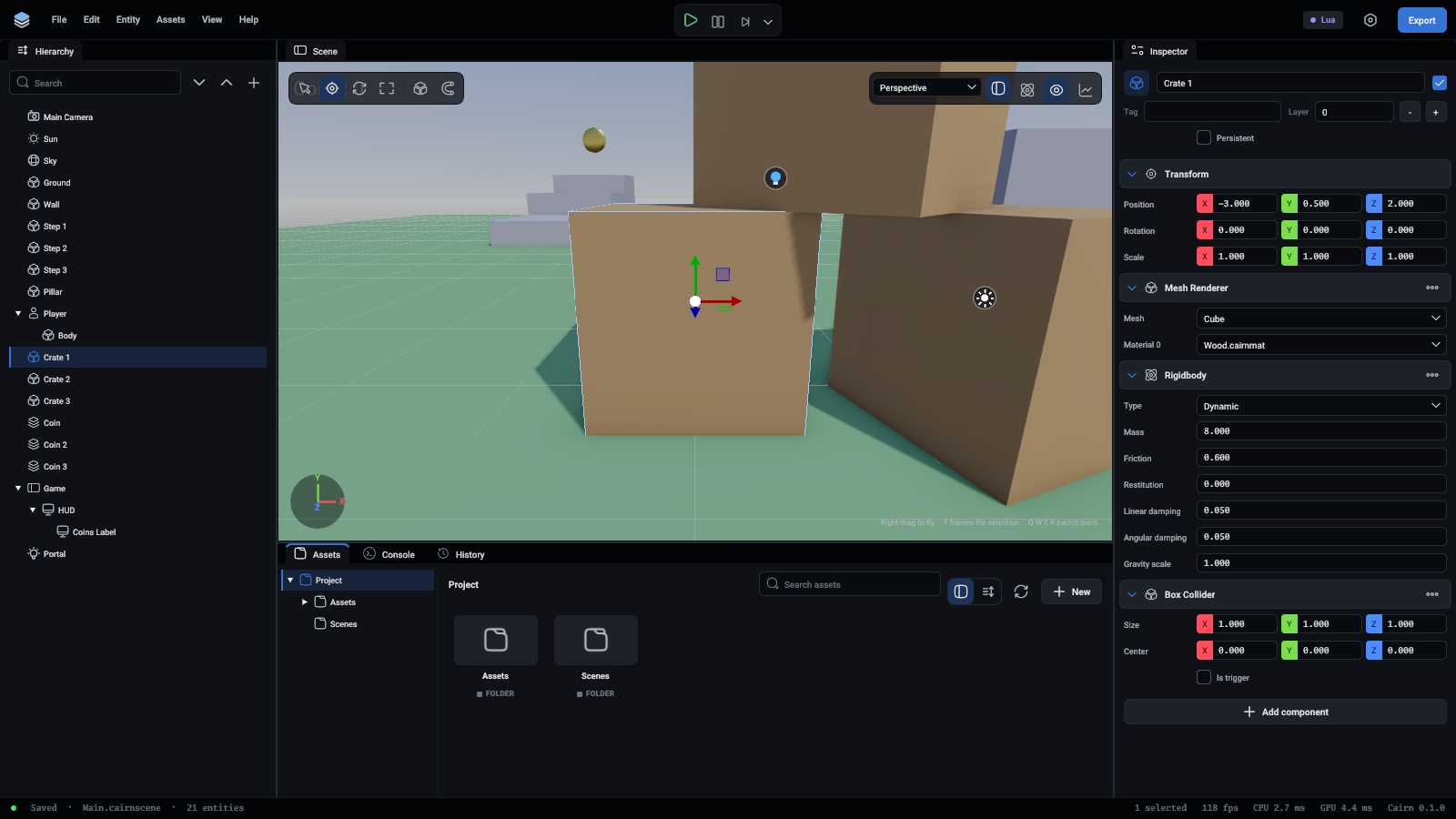 A crate selected in the viewport, with the move gizmo on it
