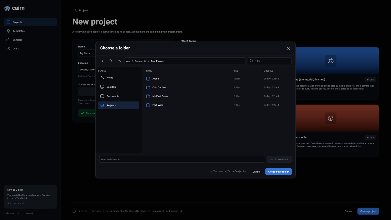 Choosing a folder for a new project