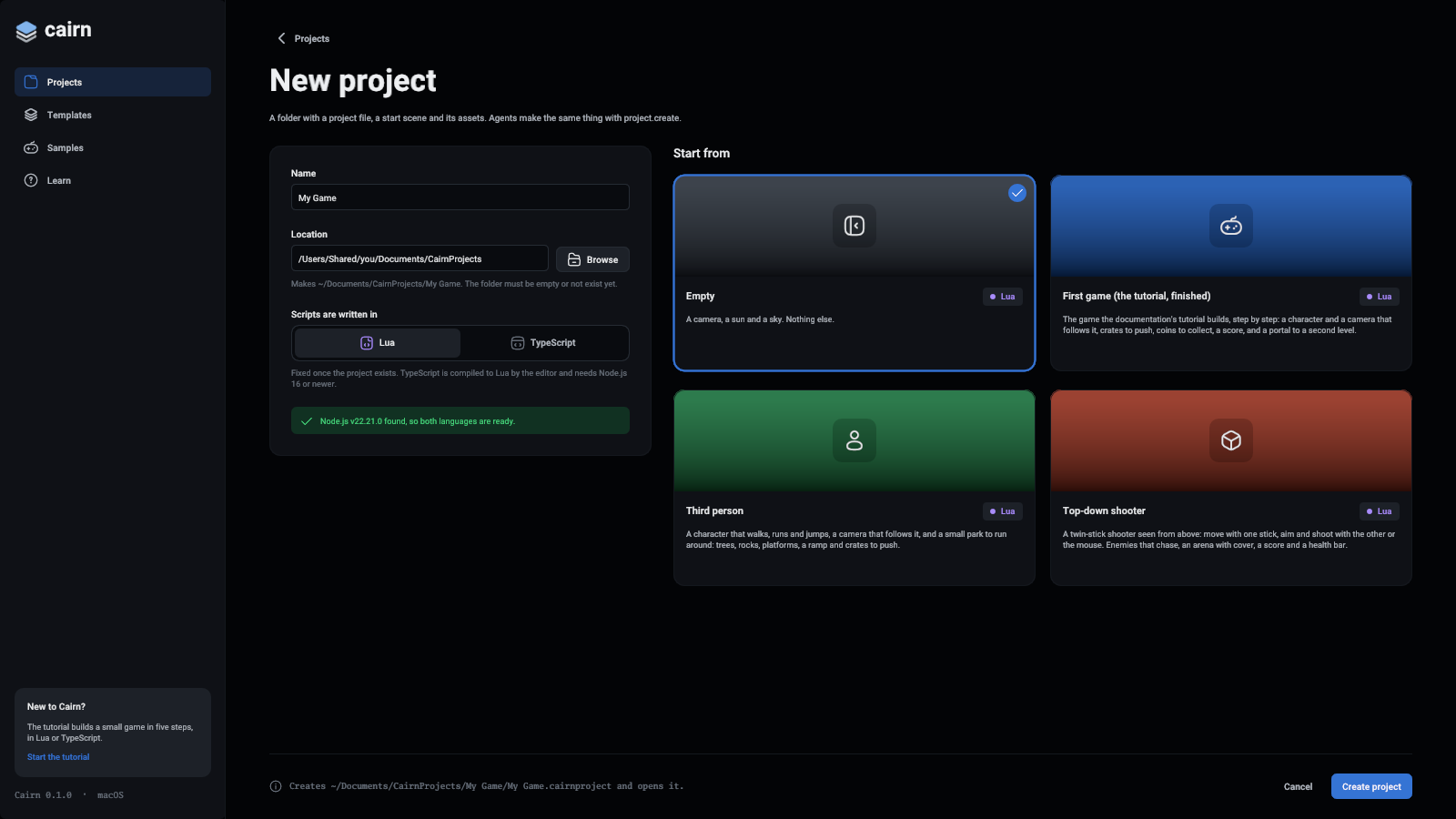 The New project page: name, location, script language and a template