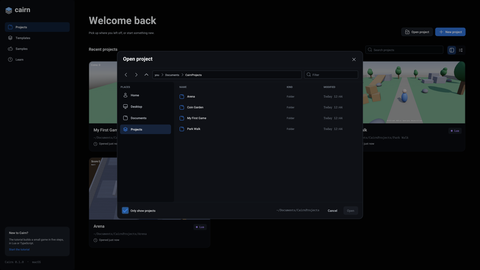 The Open project browser