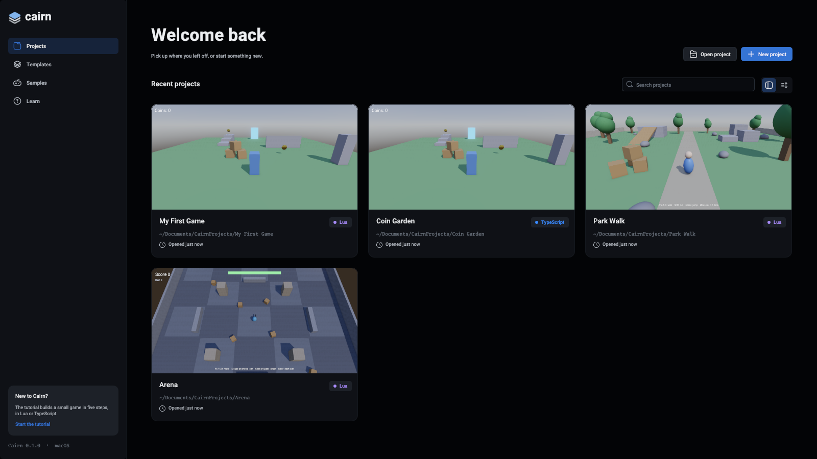 The hub's Projects page, with six recent projects as cards