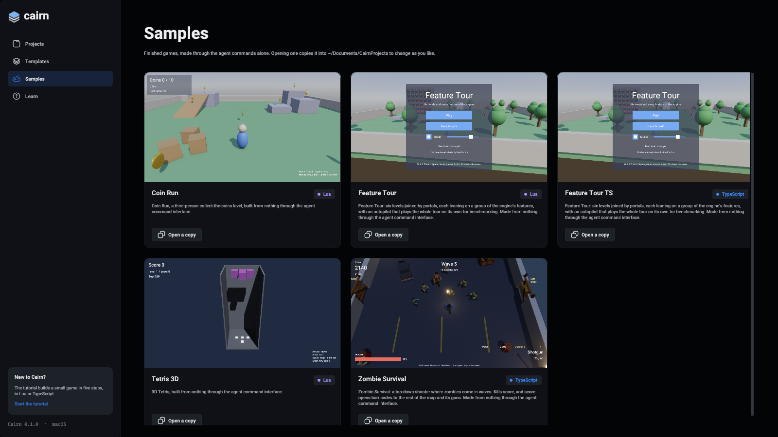 The Samples page, with five finished games