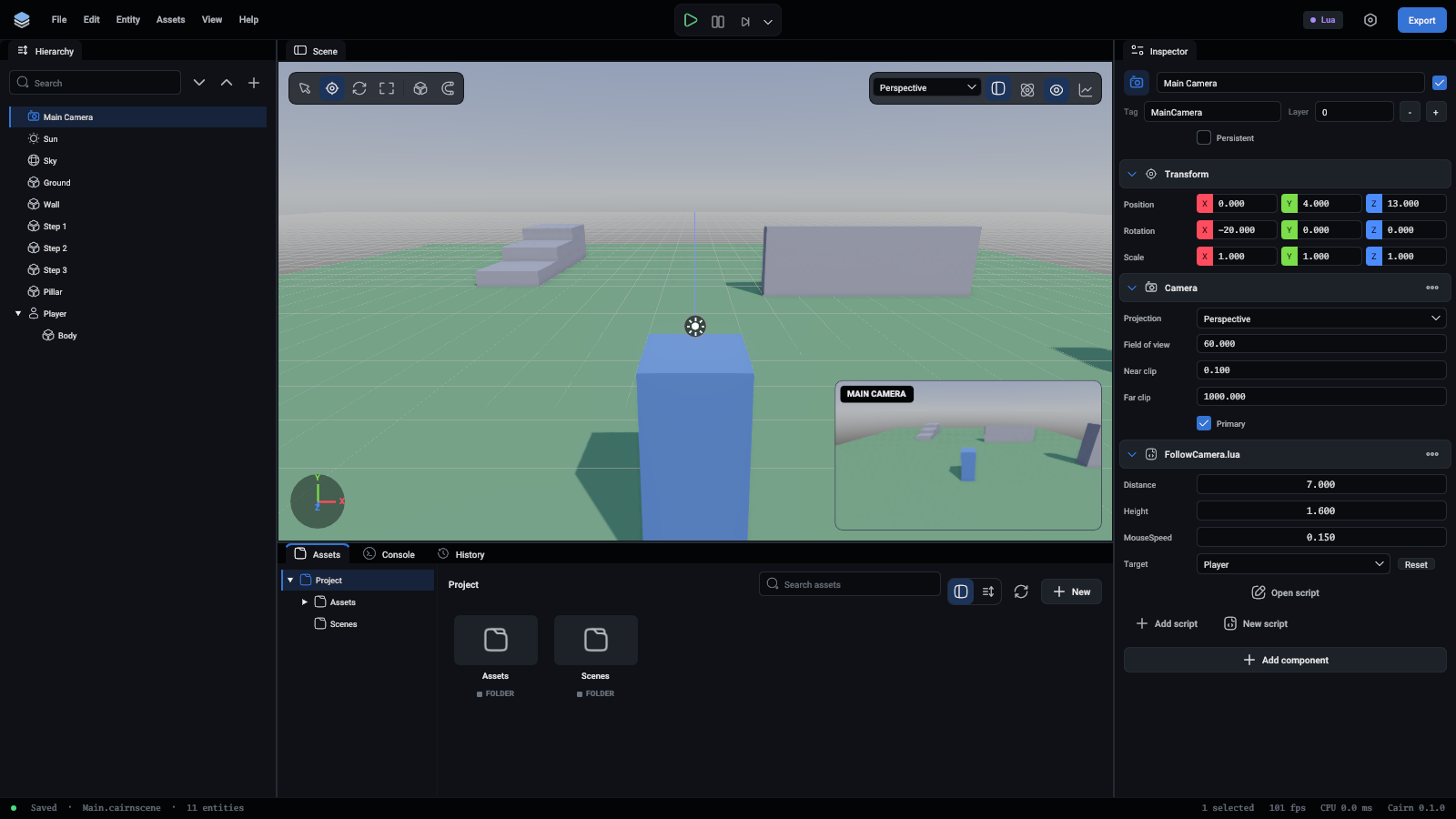 The camera selected, with its preview in the corner of the viewport