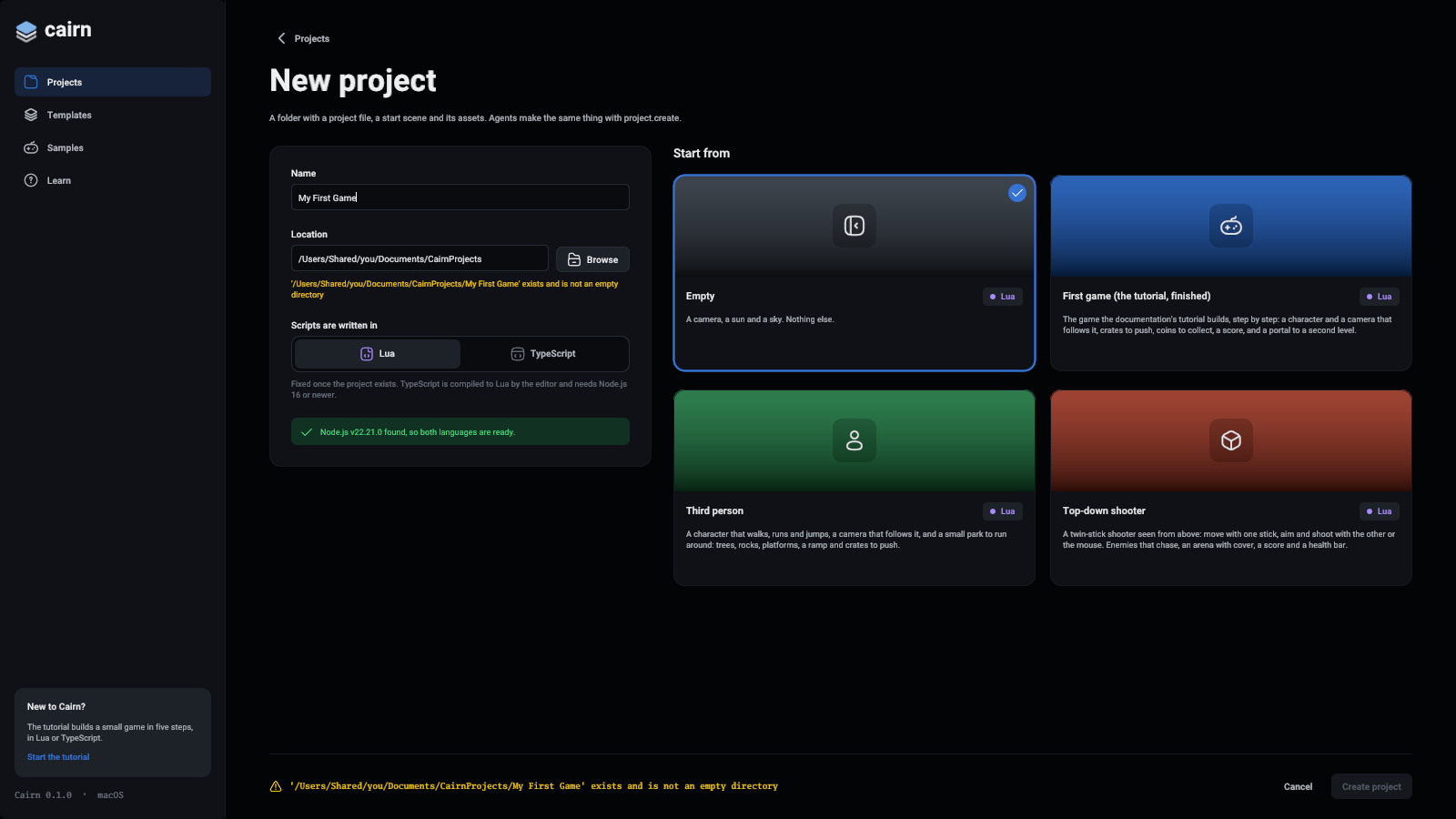 The new project form with the Empty template selected