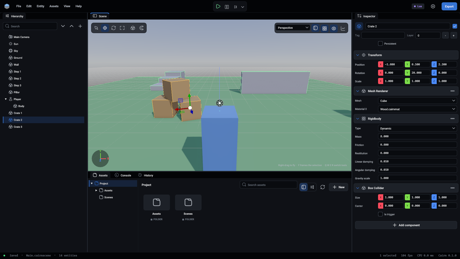 The level with collider outlines on and a crate selected